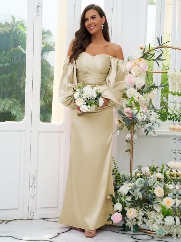 Sheath/Column Silk like Satin Ruched Off-the-Shoulder Long Sleeves Floor-Length Bridesmaid Dresses