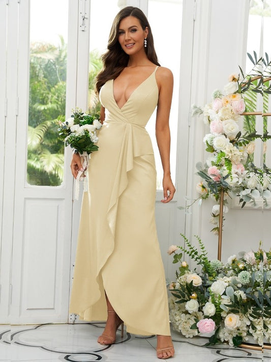 A-Line/Princess Silk like Satin Ruffles V-neck Sleeveless Floor-Length Bridesmaid Dresses