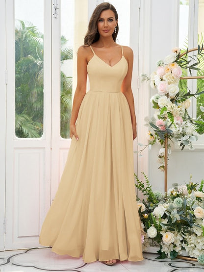 A-Line/Princess Chiffon Ruffles V-neck Sleeveless Floor-Length Bridesmaid Dresses