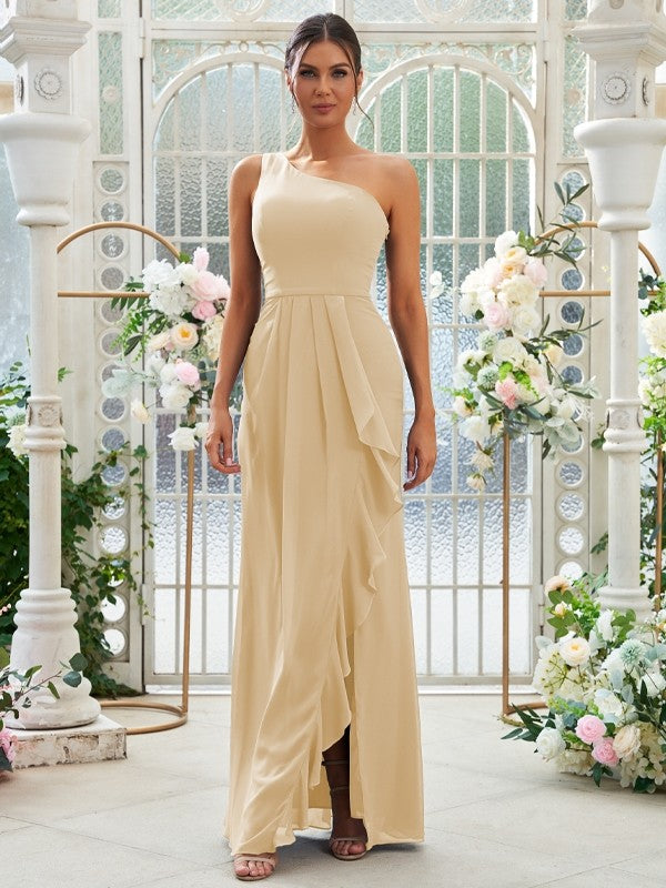 Sheath/Column Chiffon Ruffles One-Shoulder Sleeveless Floor-Length Bridesmaid Dresses