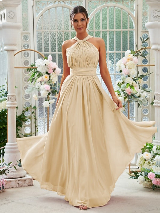 A-Line/Princess Chiffon Ruched Halter Sleeveless Floor-Length Bridesmaid Dresses