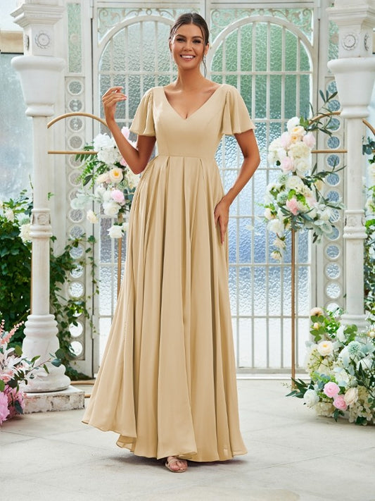 A-Line/Princess Chiffon Ruffles V-neck Short Sleeves Floor-Length Bridesmaid Dresses