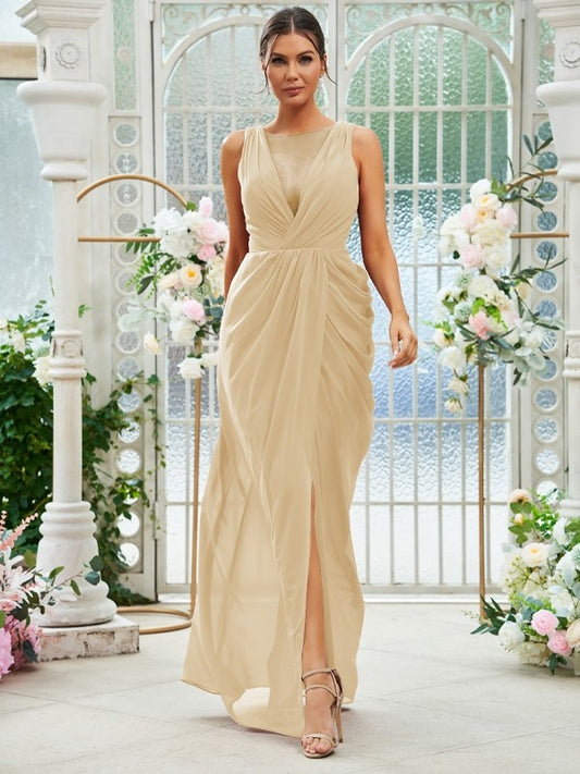 Sheath/Column Chiffon Ruched Scoop Sleeveless Floor-Length Bridesmaid Dresses