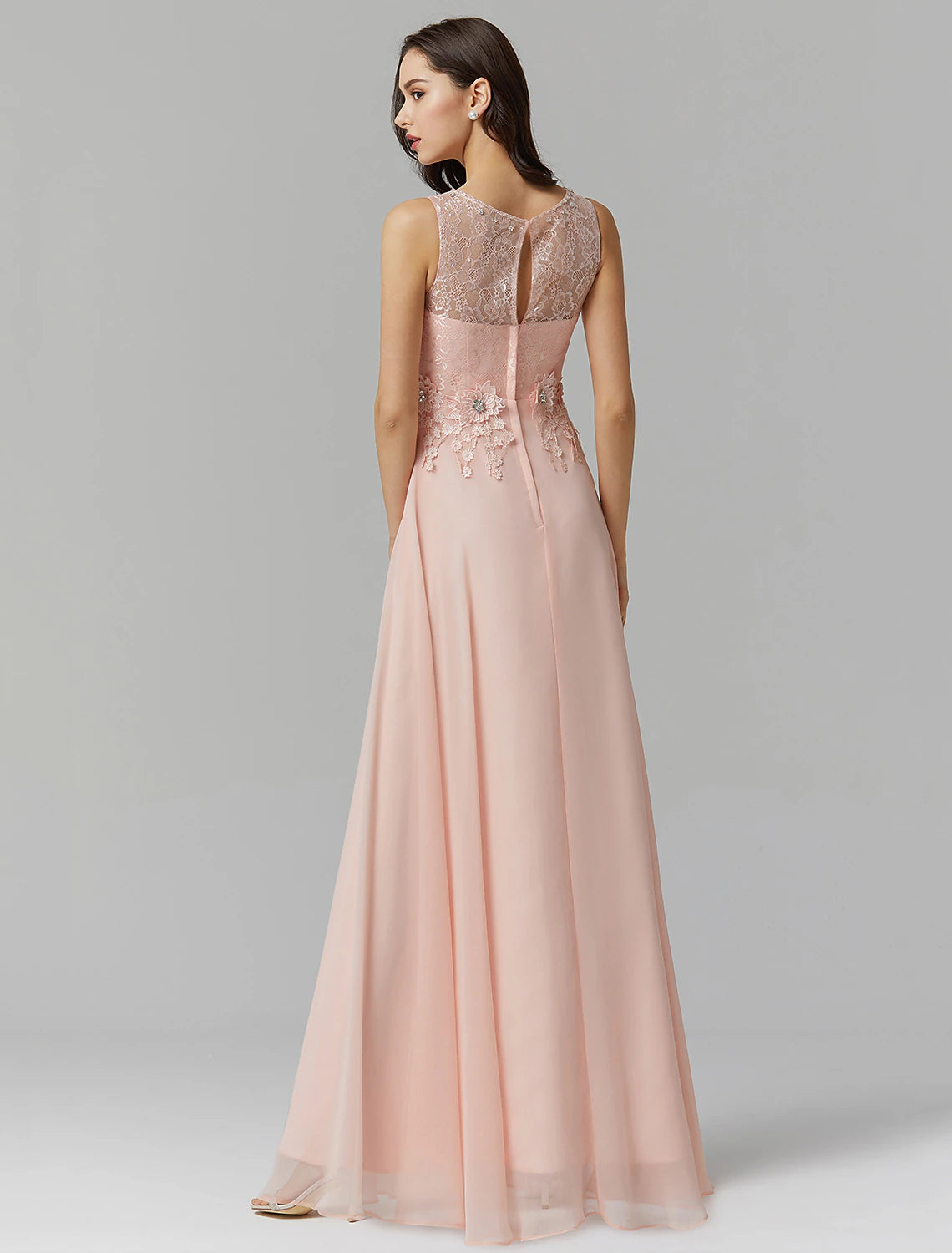 A-Line Empire Dress Wedding Guest Prom Floor Length Sleeveless Illusion Neck Bridesmaid Dress Chiffon with Beading Appliques