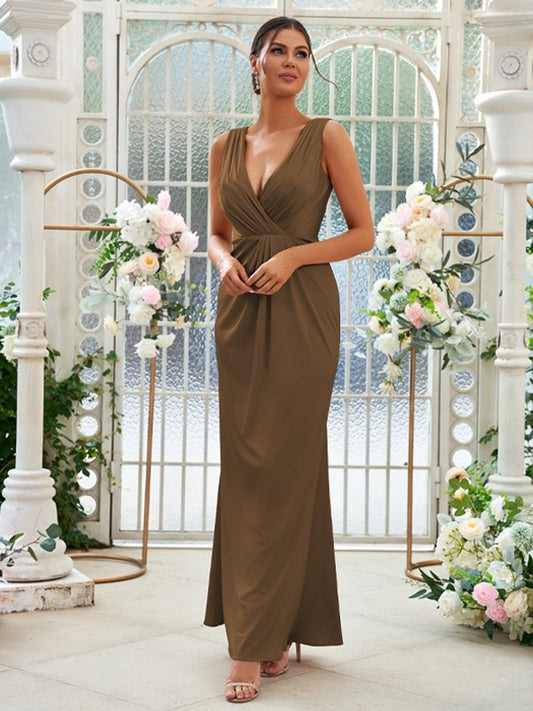 Sheath/Column Jersey Ruched V-neck Sleeveless Floor-Length Bridesmaid Dresses