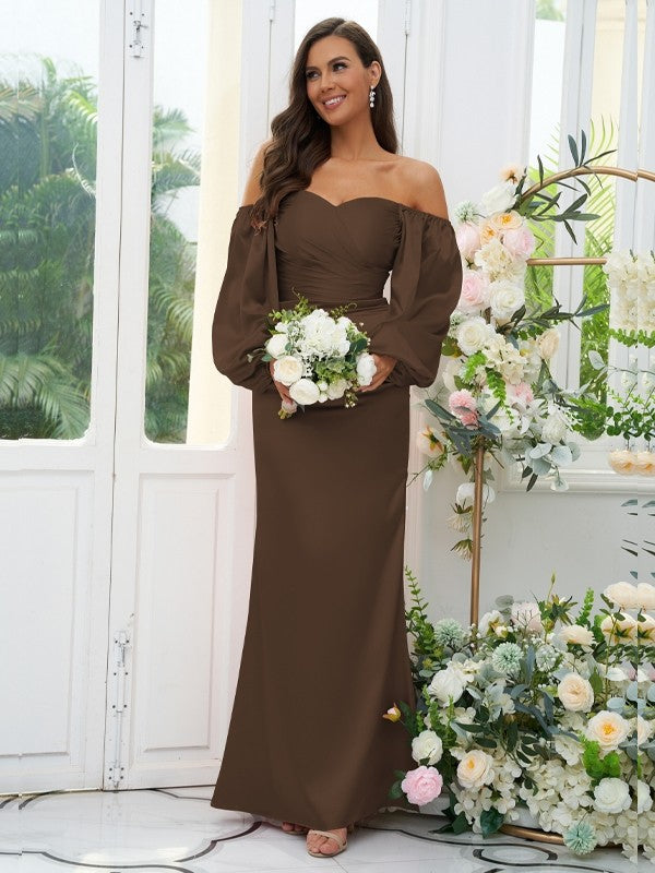 Sheath/Column Silk like Satin Ruched Off-the-Shoulder Long Sleeves Floor-Length Bridesmaid Dresses