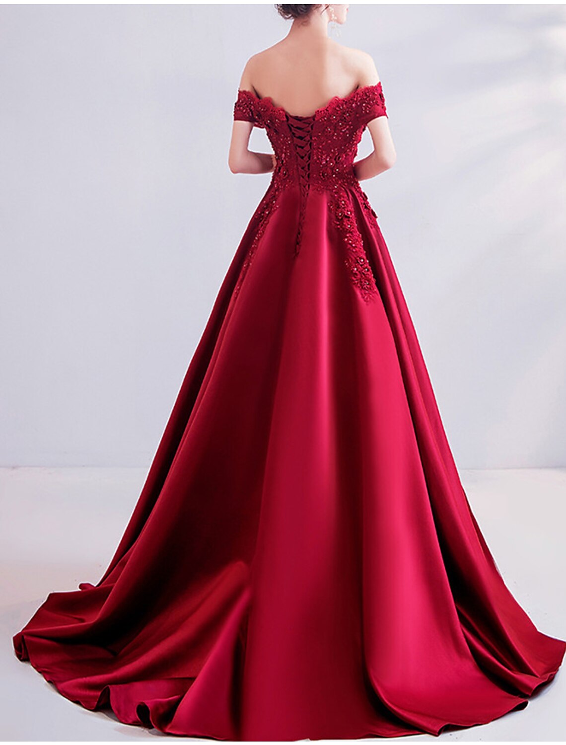 A-Line Sexy Engagement Formal Evening Dress Off Shoulder Short Sleeve Sweep / Brush Train Lace with Pleats Beading