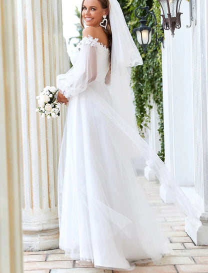 Beach Wedding Dresses A-Line Off Shoulder Long Sleeve Floor Length Tulle Bridal Gowns With Lace Insert Appliques