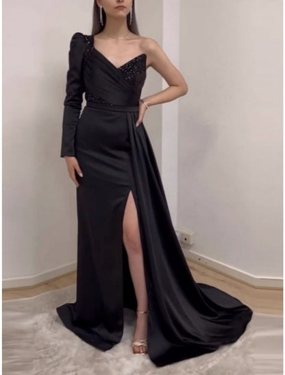 A-Line Evening Gown Elegant Dress Formal Court Train Black Dress Long Sleeve One Shoulder Satin with Pleats Ruched Sequin