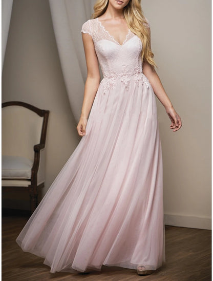 A-Line Bridesmaid Dress V Neck Short Sleeve Elegant Floor Length Tulle with Lace / Ruching