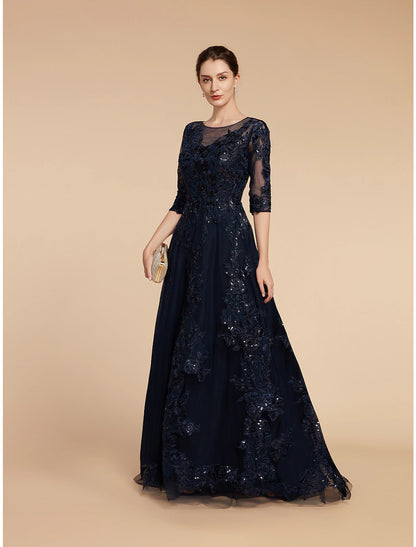 A-Line Mother of the Bride Dress Formal Wedding Guest Elegant Party Scoop Neck Floor Length Chiffon Lace 3/4 Length Sleeve with Sequin Appliques