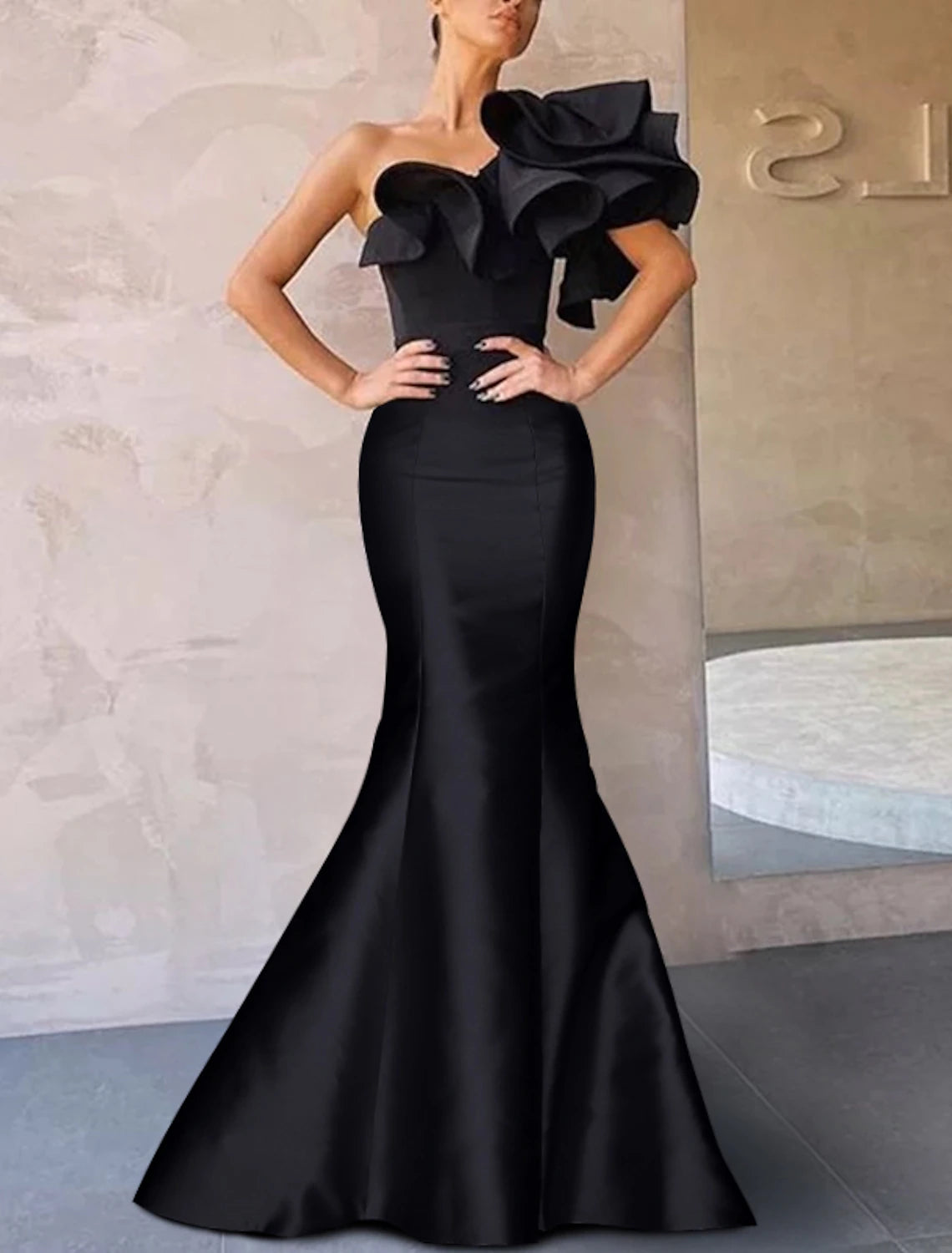 Mermaid Black Dress Evening Gown Corsets Dress Formal Wedding Guest Floor Length Sleeveless One Shoulder Taffeta with Ruffles Shouder Flower