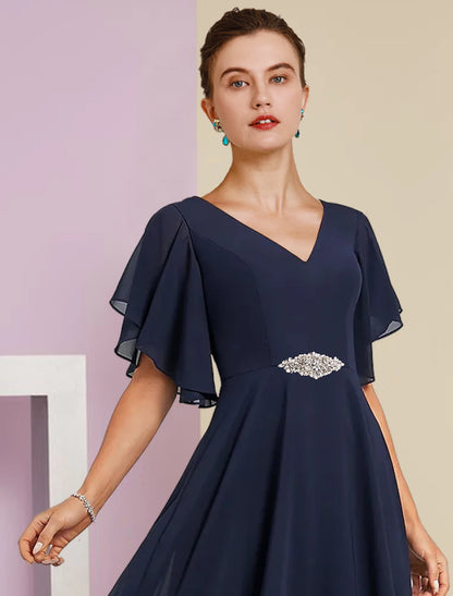 A-Line Mother of the Bride Dress Formal Fall Wedding Guest Elegant V Neck Tea Length Chiffon Lace Short Sleeve with Appliques Crystal Brooch