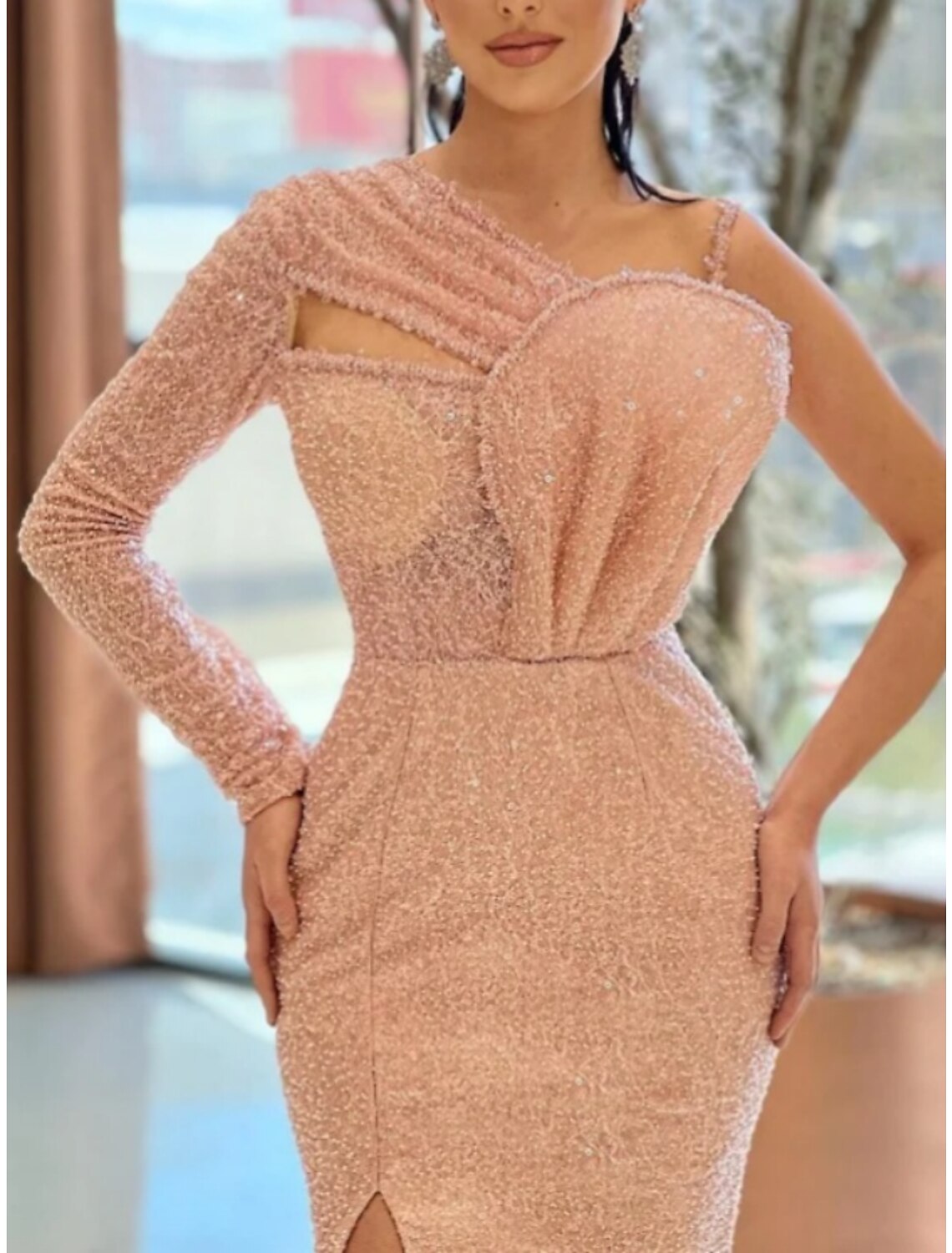 A-Line Evening Gown Elegant Dress Formal Sweep / Brush Train Long Sleeve One Shoulder Sequined with Glitter Pleats Ruched