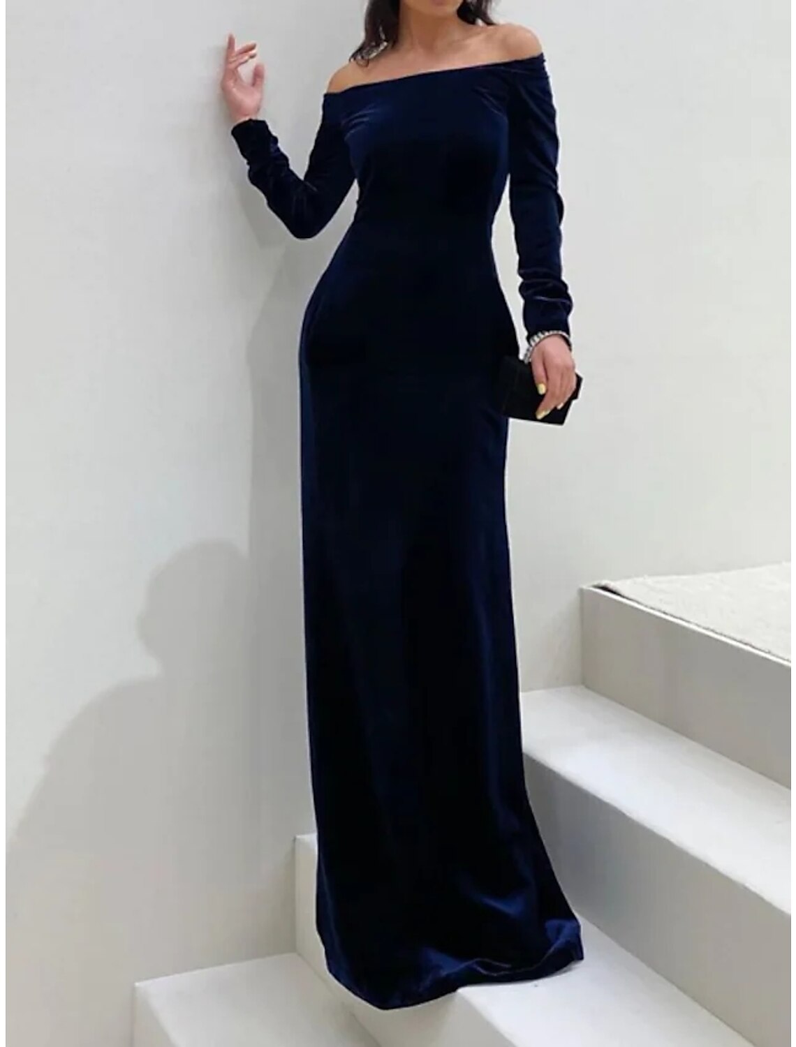 Sheath / Column Wedding Guest Dresses Elegant Dress Formal Black Tie Gala Floor Length Long Sleeve Off Shoulder Velvet with Pure Color