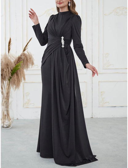 A-Line Evening Gown Elegant Dress Formal Sweep / Brush Train Long Sleeve High Neck Satin with Pleats Sequin