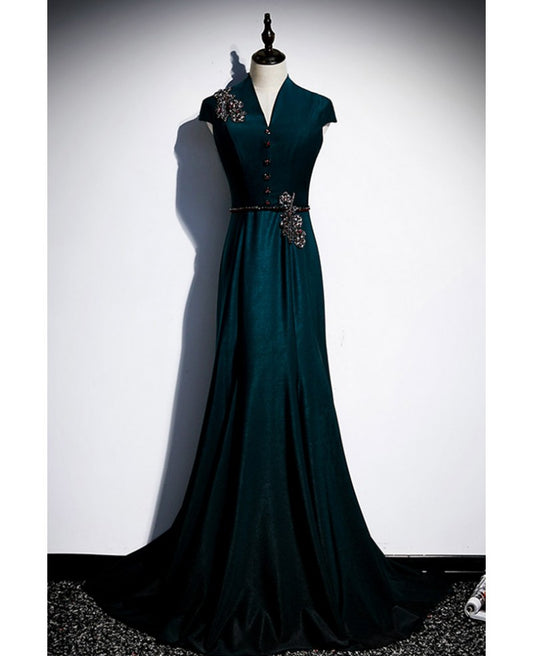 Elegant and noble deep green gemstone short sleeved beaded deep green V-neck fishtail and floor length evening dress