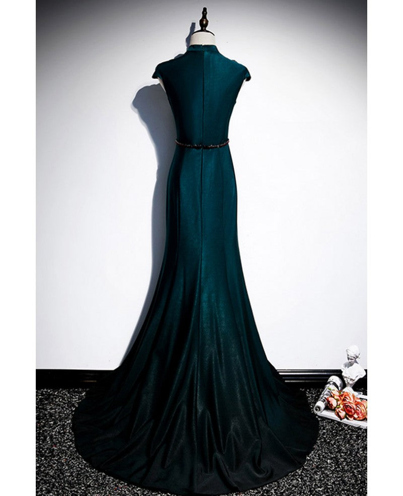 Elegant and noble deep green gemstone short sleeved beaded deep green V-neck fishtail and floor length evening dress