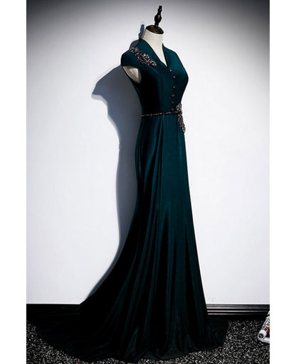 Elegant and noble deep green gemstone short sleeved beaded deep green V-neck fishtail and floor length evening dress