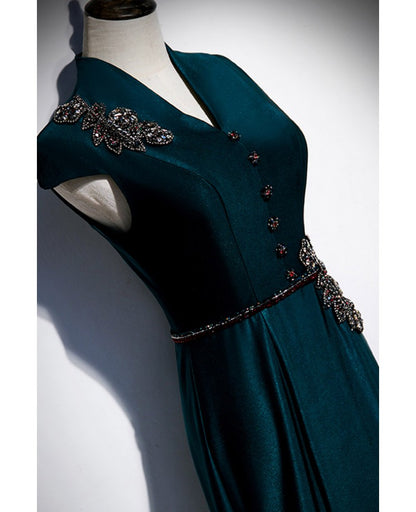 Elegant and noble deep green gemstone short sleeved beaded deep green V-neck fishtail and floor length evening dress