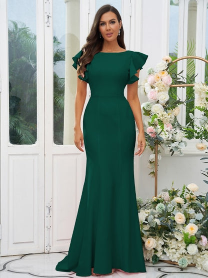 Sheath/Column Stretch Crepe Ruffles Scoop Short Sleeves Sweep/Brush Train Bridesmaid Dresses