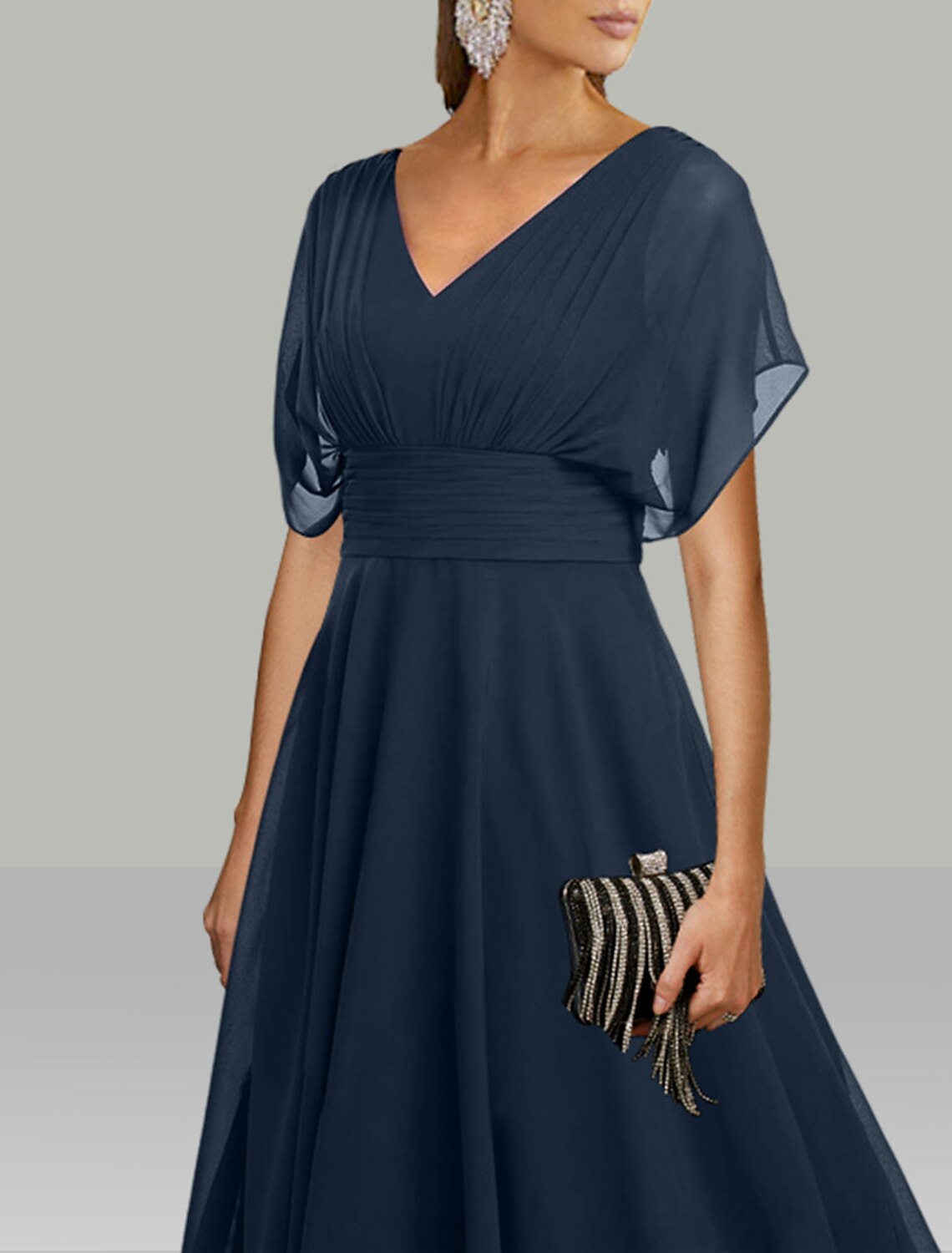 A-Line Wedding Guest Dresses Elegant Dress Holiday Fall Tea Length Short Sleeve V Neck Chiffon with Ruched