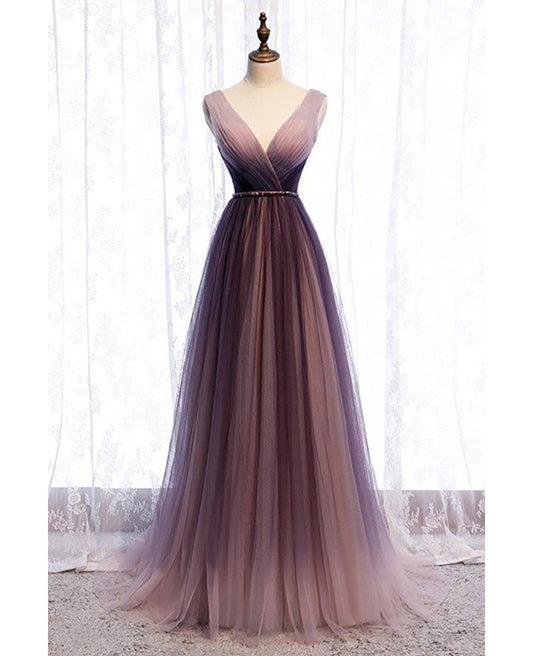 Unique/Beautiful Gradient Purple Sleeveless Belt Hanging Neck Evening Dress Gradient Purple V-neck Open Back and Floor Length Evening Dress