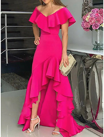 A-Line Wedding Guest Dresses Elegant Dress Wedding Party Semi Formal Asymmetrical Sleeveless V Neck Satin with Ruffles Slit