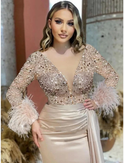 Mermaid Plus Size Dress Champagne Satin Evening Gown Sparkle Sequin Dress Walk Through Formal Wedding Court Train Long Sleeve V Neck with Feather Glitter Ruched