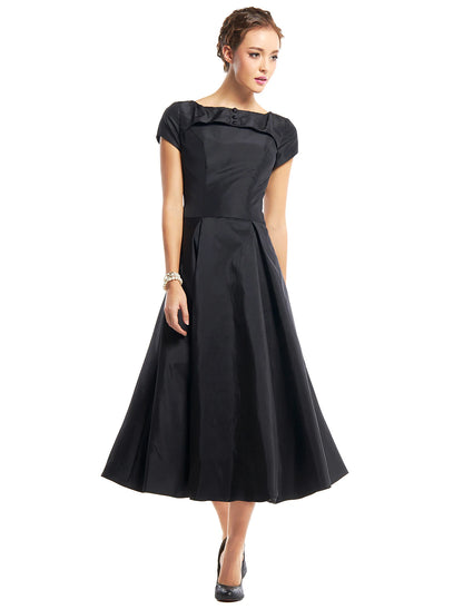 A-Line Black Dress Vintage Homecoming Wedding Guest Tea Length Short Sleeve Boat Neck Taffeta with Buttons