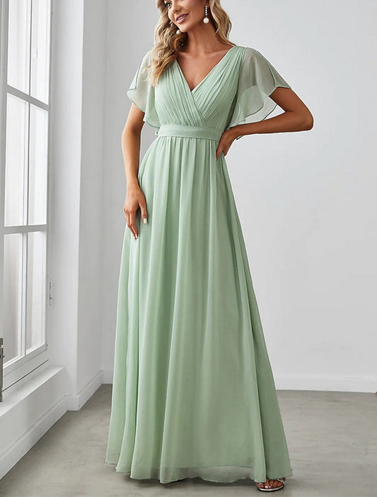 A-Line Wedding Guest Dresses Elegant Dress Birthday Floor Length Short Sleeve V Neck Belt / Sash Chiffon with Ruched Ruffles Strappy