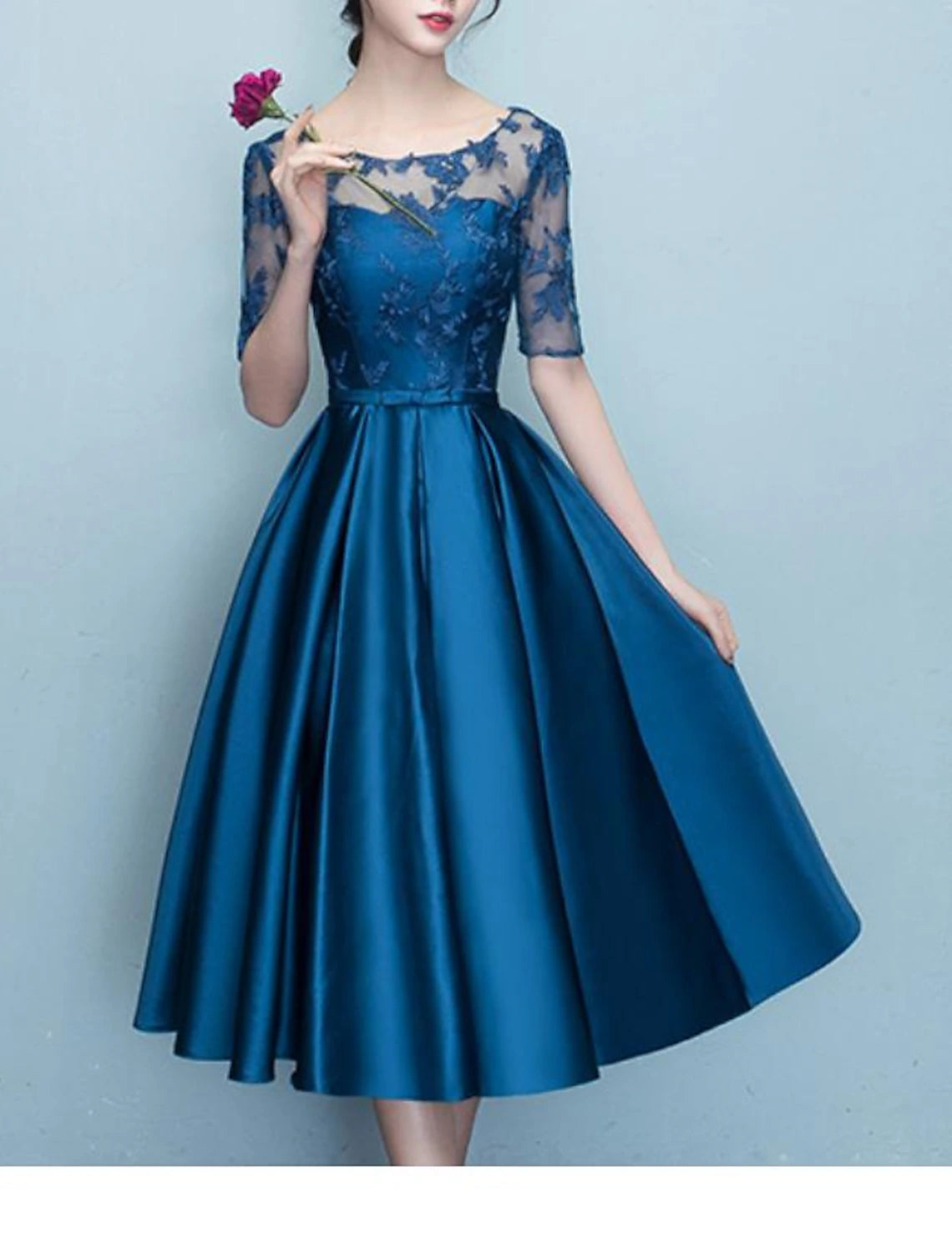 A-Line Mother of the Bride Dress Elegant Vintage Jewel Neck Tea Length Satin Lace Half Sleeve with Bow(s) Pleats