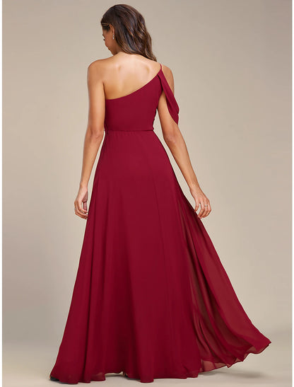 A-Line Wedding Guest Dresses Elegant Dress Formal Wedding Floor Length Sleeveless One Shoulder Chiffon with Ruched Slit