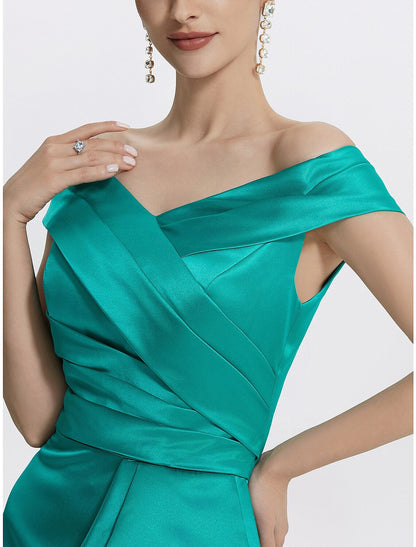 Sheath / Column Evening Gown Elegant Dress Formal Floor Length Sleeveless Off Shoulder Satin with Ruffles