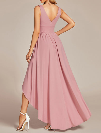 A-Line Wedding Guest Dresses Casual Dress Wedding Party Summer Asymmetrical Sleeveless V Neck Spandex with Pleats