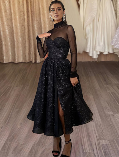 A-Line Cocktail Dresses Elegant Dress Wedding Guest Party Wear Tea Length Long Sleeve High Neck Wednesday Addams Family Tulle with Glitter Slit