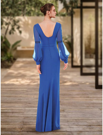 Sheath / Column Evening Gown Elegant Dress Formal Floor Length Long Sleeve V Neck Stretch Chiffon with Pleats