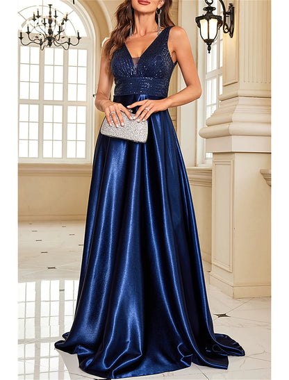 A-Line Mother of the Bride Dress Wedding Guest Elegant Party Sparkle & Shine V Neck Floor Length Satin Sequined Sleeveless with Sequin Color Block