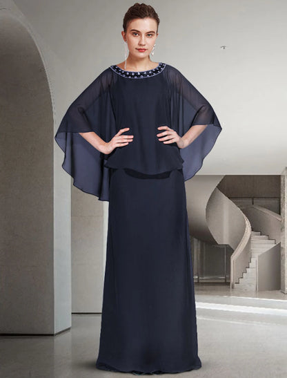 Two Piece Sheath / Column Mother of the Bride Dress Elegant Jewel Neck Floor Length Chiffon Long Sleeve with Ruffles