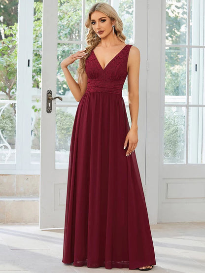 Lace Empire Waist V-Back Sleeveless Chiffon Evening Dress