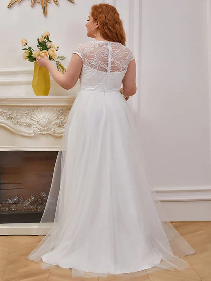 Plus Size Lace Cap Sleeves Casual Applique Outdoor Wedding Dress