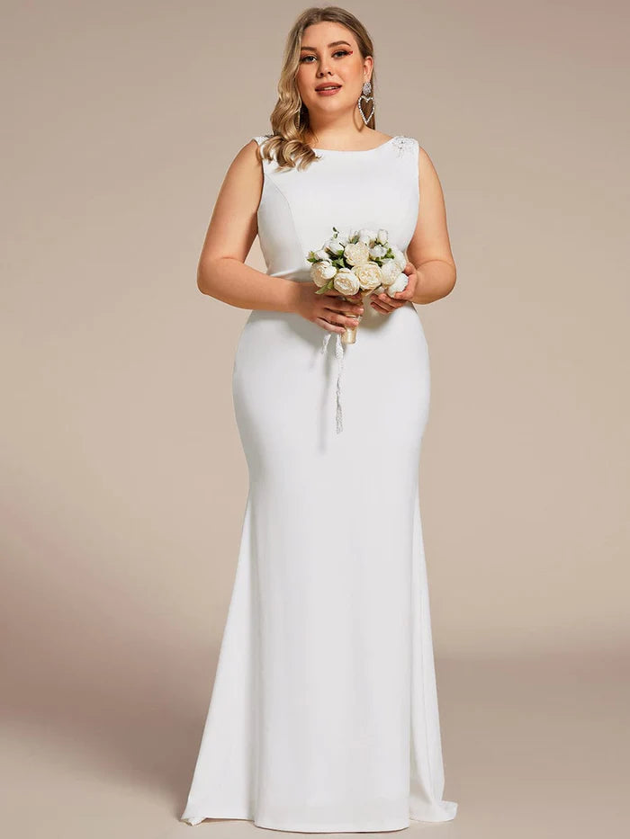 Plus Size Sleeveless Round Neck Bodycon Fishtail Wedding Dress