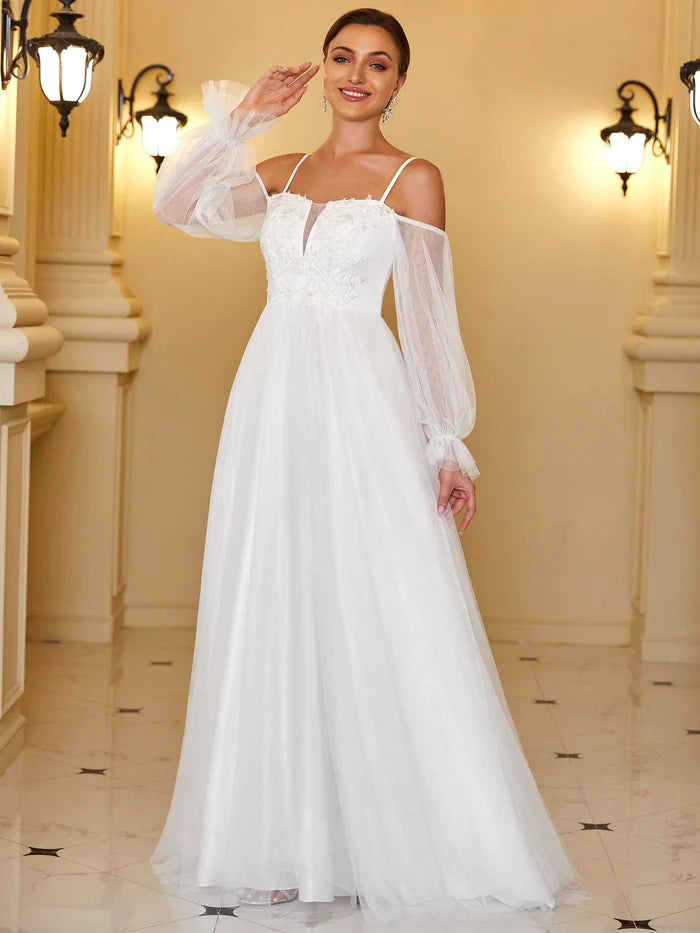 Boho Chic Cold Shoulder Lantern Sleeve Wedding Dress