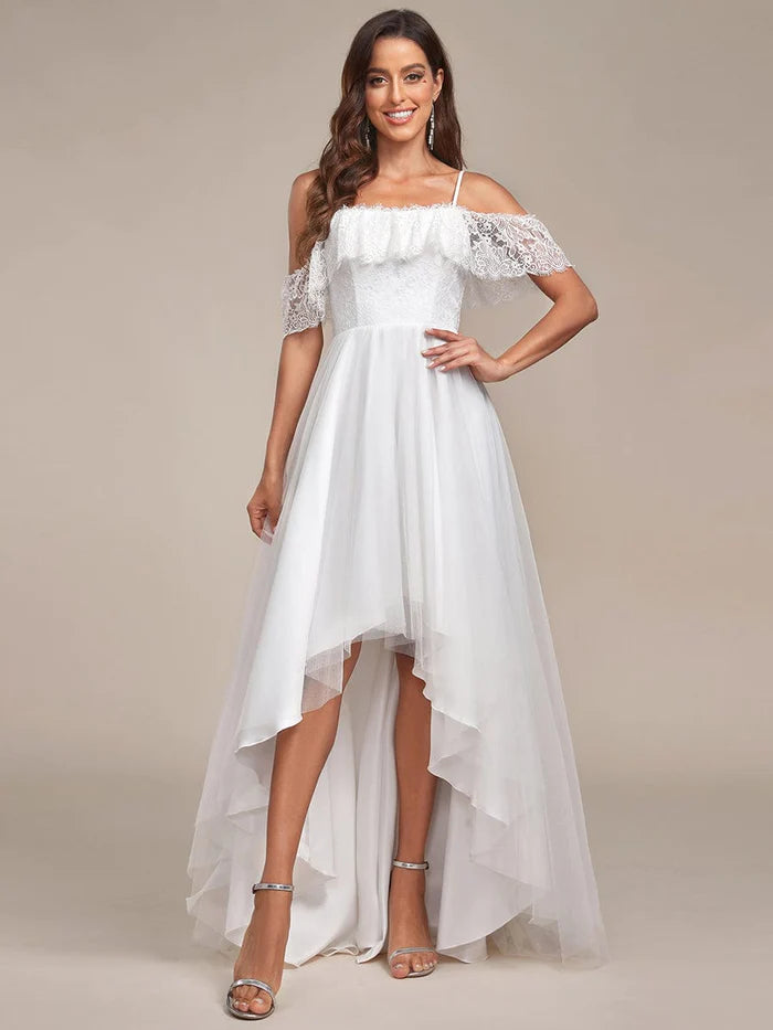 Cold Shoulder Lace High-Low Wedding Dress