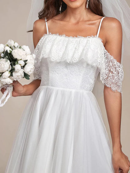 Cold Shoulder Lace High-Low Wedding Dress