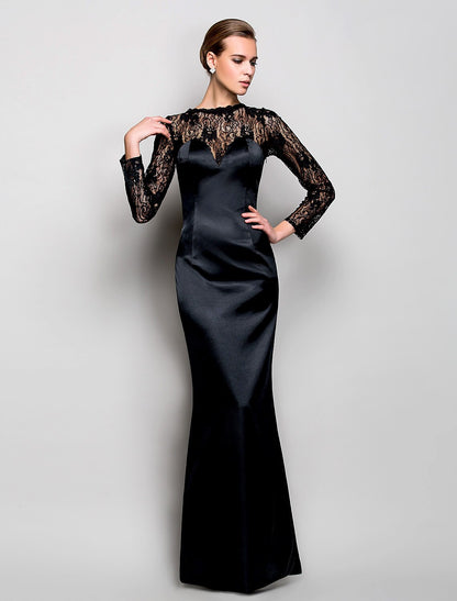 Sheath / Column See Through Vintage Inspired Formal Evening Military Ball Dress Illusion Neck Long Sleeve Floor Length Lace Stretch Satin with Split Front