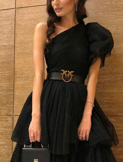 A-Line Evening Gown Tiered Plisse Dress Masquerade Prom Floor Length Sleeveless One Shoulder Black Dress Tulle with Slit