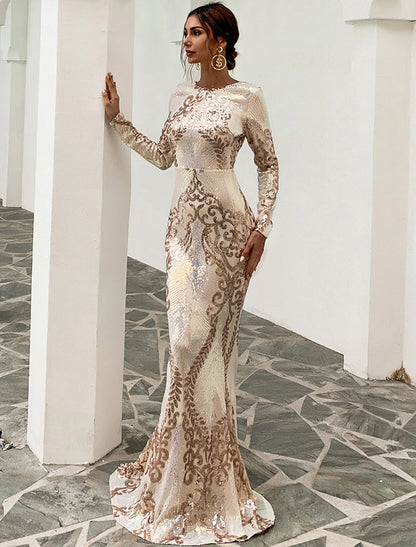 Mermaid / Trumpet Evening Gown Sparkle & Shine Dress Formal Wedding Guest Sweep / Brush Train Long Sleeve Jewel Neck Polyester Backless with Sequin