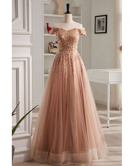 Noble and elegant champagne color sheer sequins off the shoulder short sleeved ball dress champagne A-shaped sheer backless strap and floor length evening dress