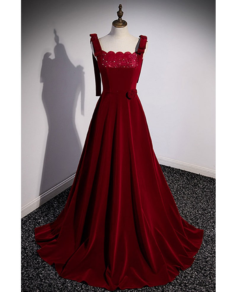 Unique/beautiful wine red suede square neckline sleeveless rhinestone ball dress wine red A-line/princess backless and floor length evening dress